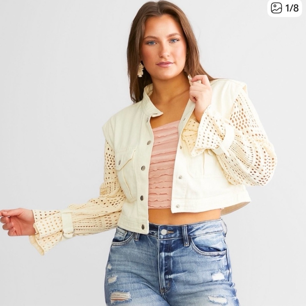 Mystree Crochet-Sleeve Cream Jacket with Button Front
